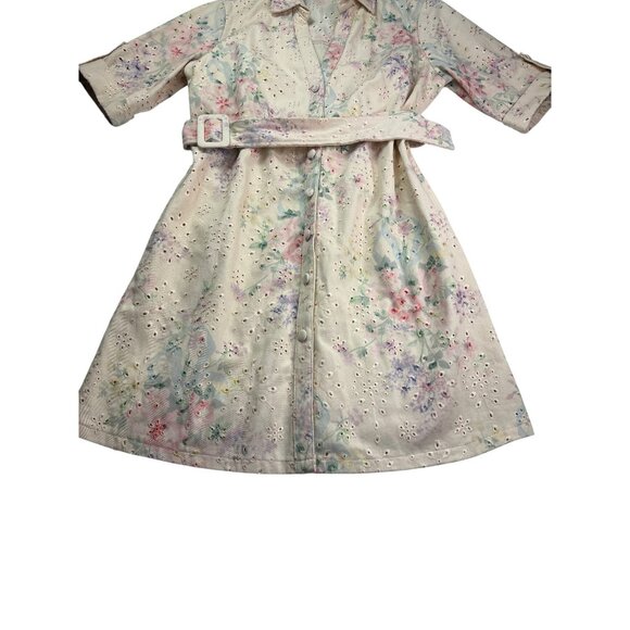 Solitaire Womens Denim Floral Eyelet Shirt Dress With Belt M Button Front Pastel - Picture 3 of 9
